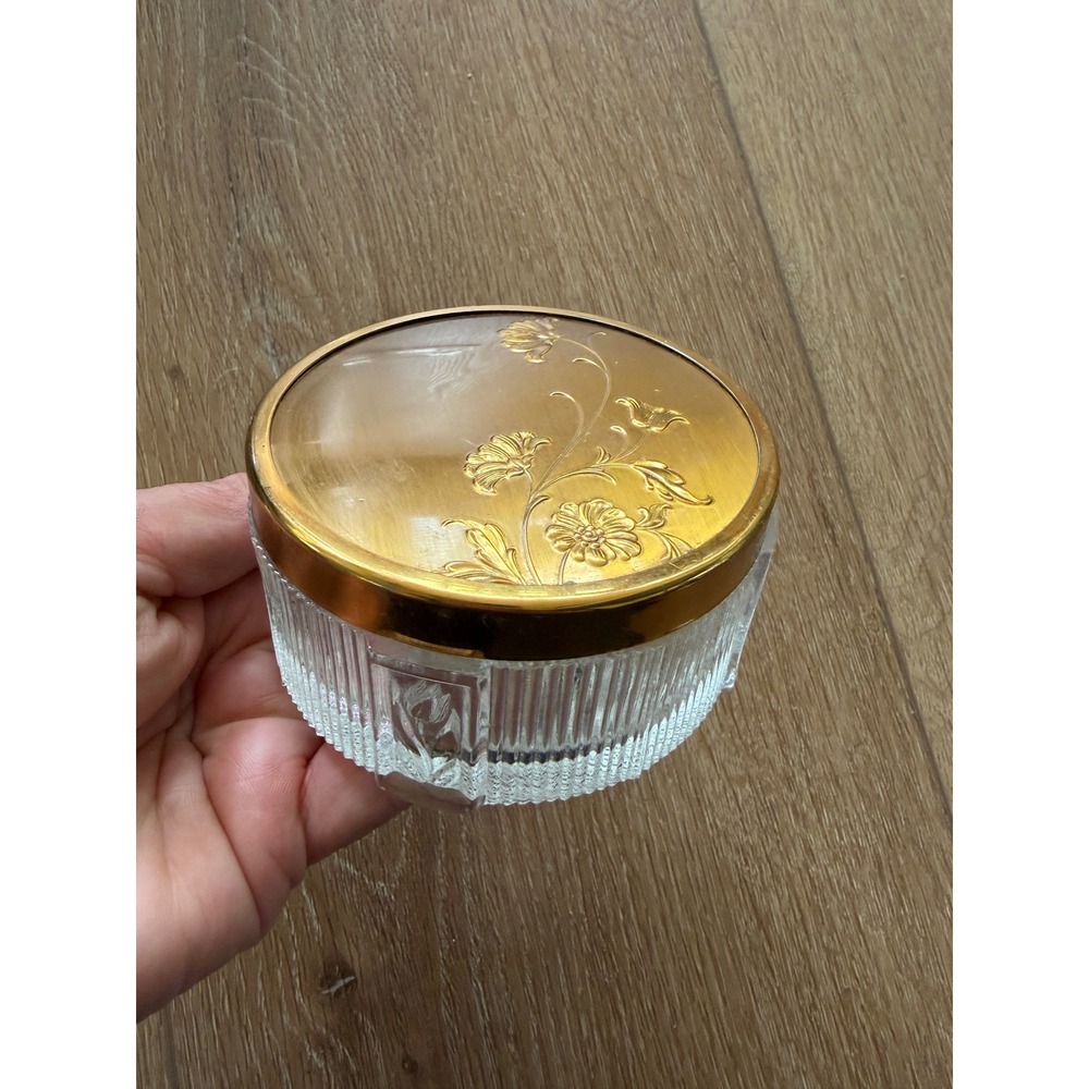 Vintage Glass Trinket Dish Gold Floral Lid Ribbed Vanity Jar Hollywood Regency